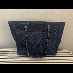 Tory burch denim tote with chain strap